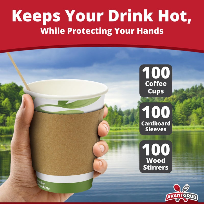 Avant Grub Recyclable Biodegradable Hot Drink Cups 12 Oz 100 Pk of Compostable Paper Mugs, Wood Stirrers and Cardboard Coffee Sleeves. Bulk 12oz Beverage Supplies Set Perfect for Eco Friendly Business or Cafe. - Image 2